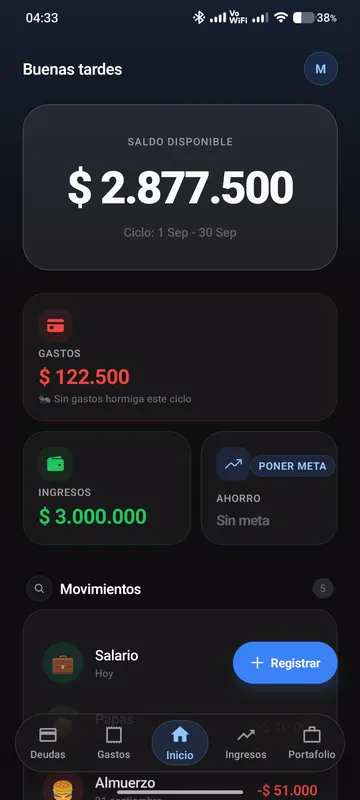 HeyCents home screen: available balance, spending, income and recent transactions.